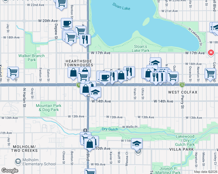 map of restaurants, bars, coffee shops, grocery stores, and more near 1452 Xavier Street in Denver