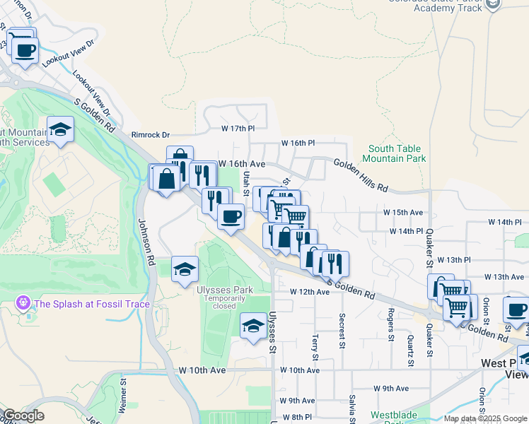 map of restaurants, bars, coffee shops, grocery stores, and more near 1411 Ulysses Street in Golden