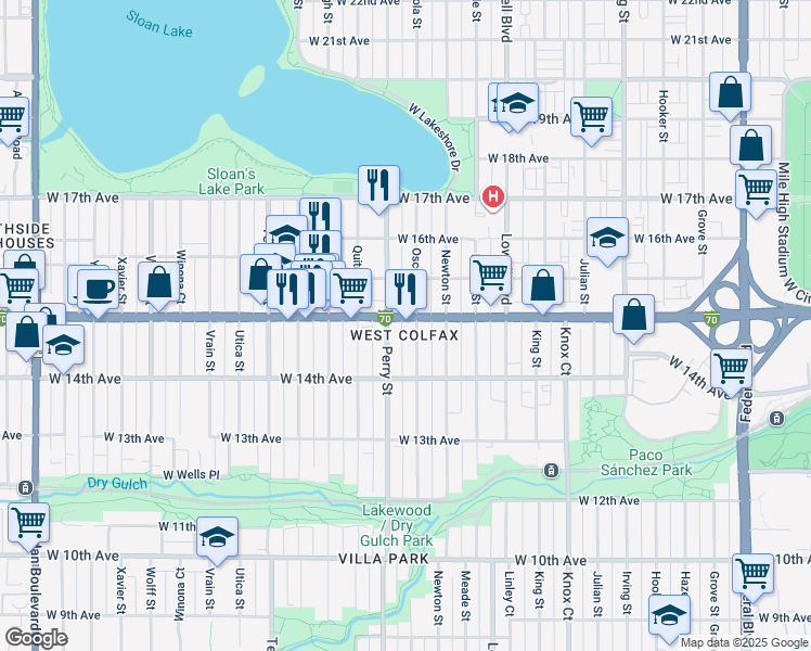 map of restaurants, bars, coffee shops, grocery stores, and more near 1454 Perry Street in Denver