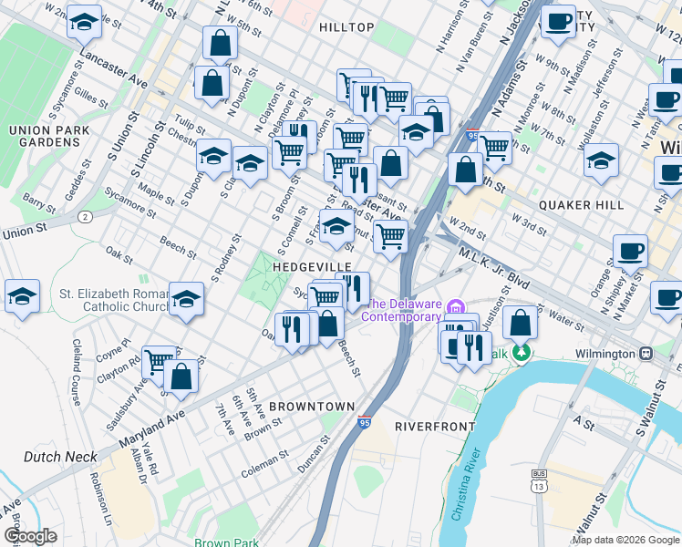 map of restaurants, bars, coffee shops, grocery stores, and more near 429 South Van Buren Street in Wilmington