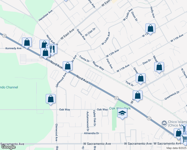 map of restaurants, bars, coffee shops, grocery stores, and more near 1310 Roycroft Lane in Chico