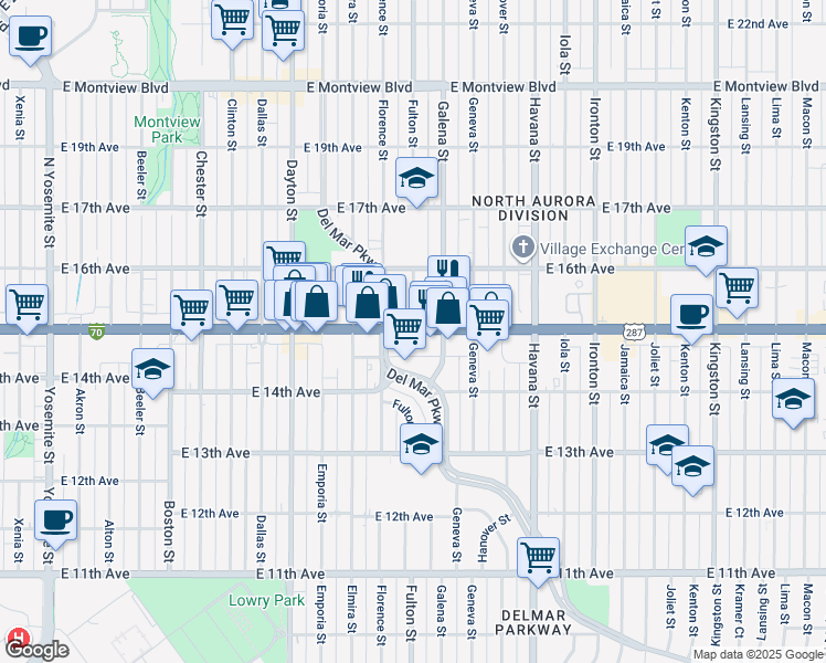 map of restaurants, bars, coffee shops, grocery stores, and more near E Colfax Ave & Fulton St in Aurora