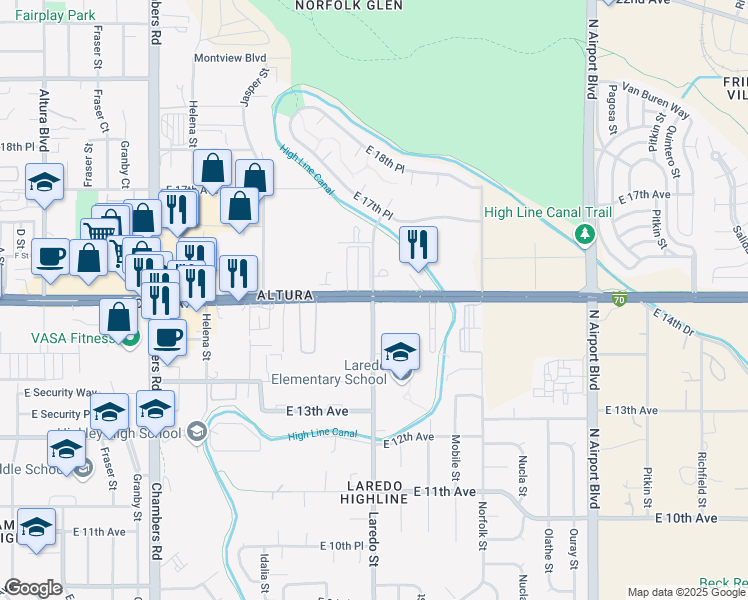 map of restaurants, bars, coffee shops, grocery stores, and more near 1498 Laredo Street in Aurora