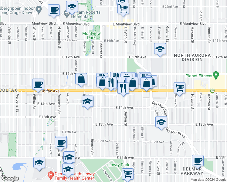 map of restaurants, bars, coffee shops, grocery stores, and more near 1480 Clinton Street in Aurora
