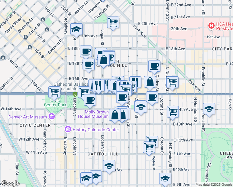 map of restaurants, bars, coffee shops, grocery stores, and more near in Denver