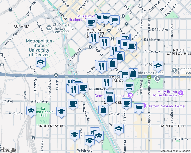 map of restaurants, bars, coffee shops, grocery stores, and more near 620 West Colfax Avenue in Denver