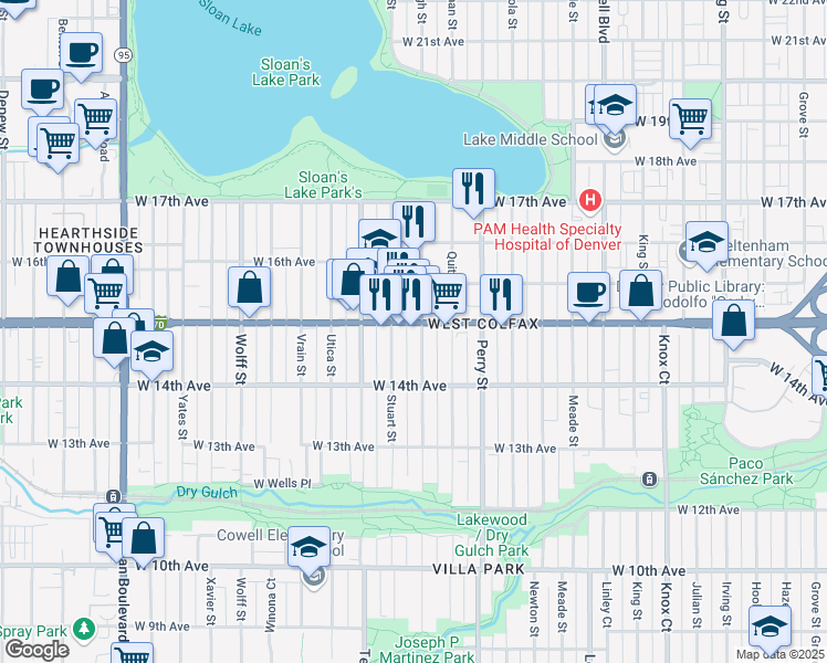 map of restaurants, bars, coffee shops, grocery stores, and more near 1451 Raleigh Street in Denver