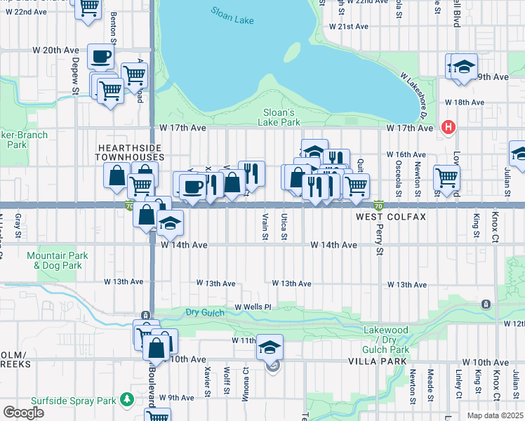 map of restaurants, bars, coffee shops, grocery stores, and more near 1453 Vrain Street in Denver