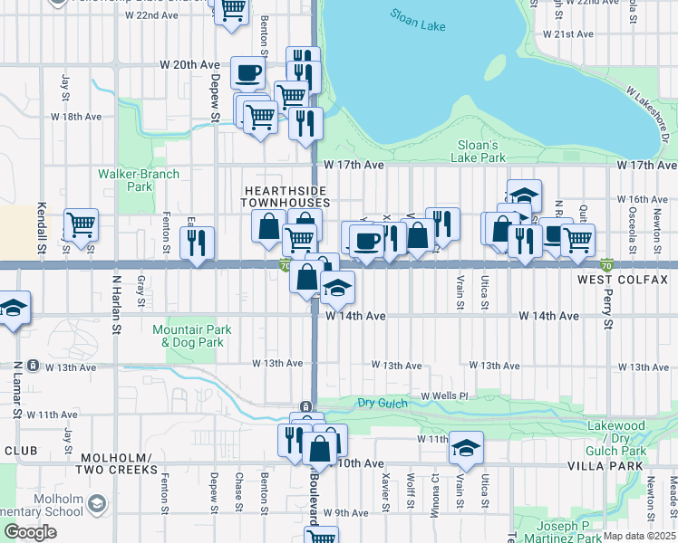map of restaurants, bars, coffee shops, grocery stores, and more near 1453 Zenobia Street in Denver
