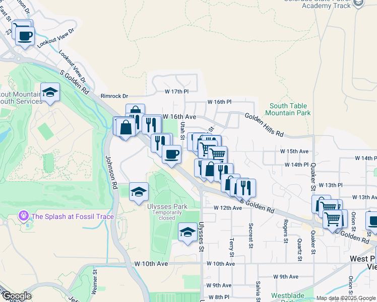 map of restaurants, bars, coffee shops, grocery stores, and more near 1400 Utah Street in Golden