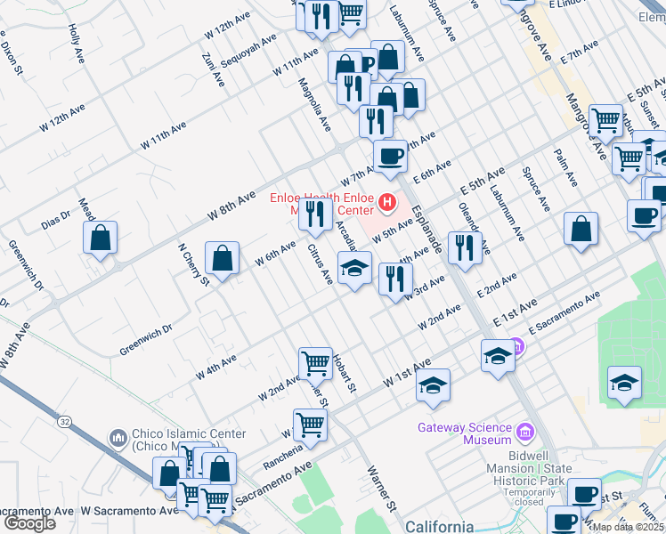 map of restaurants, bars, coffee shops, grocery stores, and more near 344 West 4th Avenue in Chico