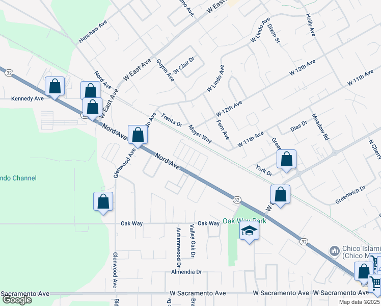 map of restaurants, bars, coffee shops, grocery stores, and more near 1332 Rossetti Lane in Chico