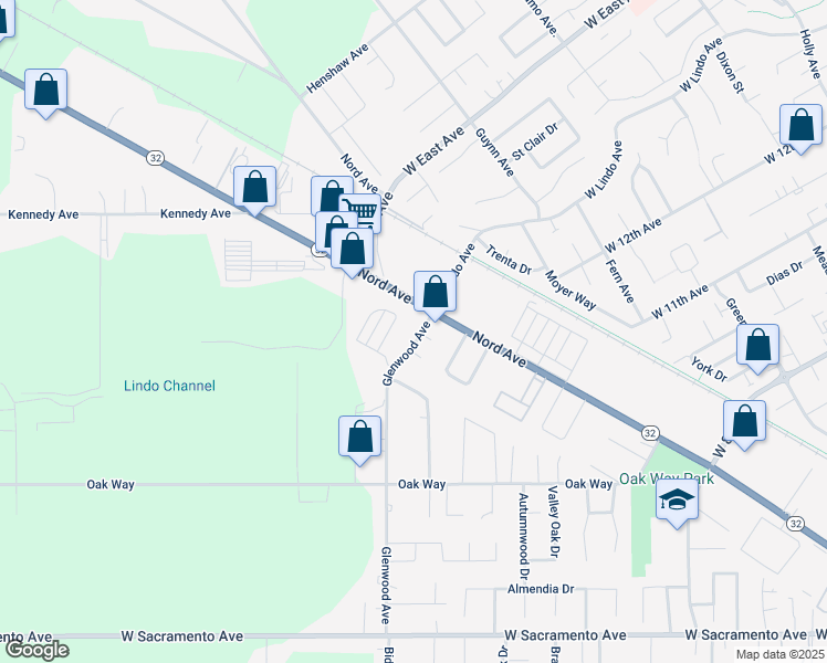map of restaurants, bars, coffee shops, grocery stores, and more near 1409 Glenwood Avenue in Chico