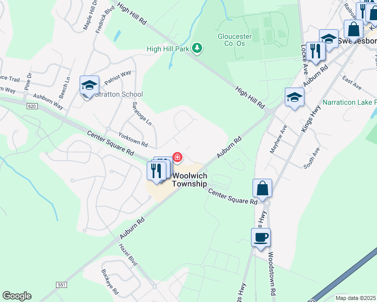 map of restaurants, bars, coffee shops, grocery stores, and more near 121 Center Square Road in Woolwich Township