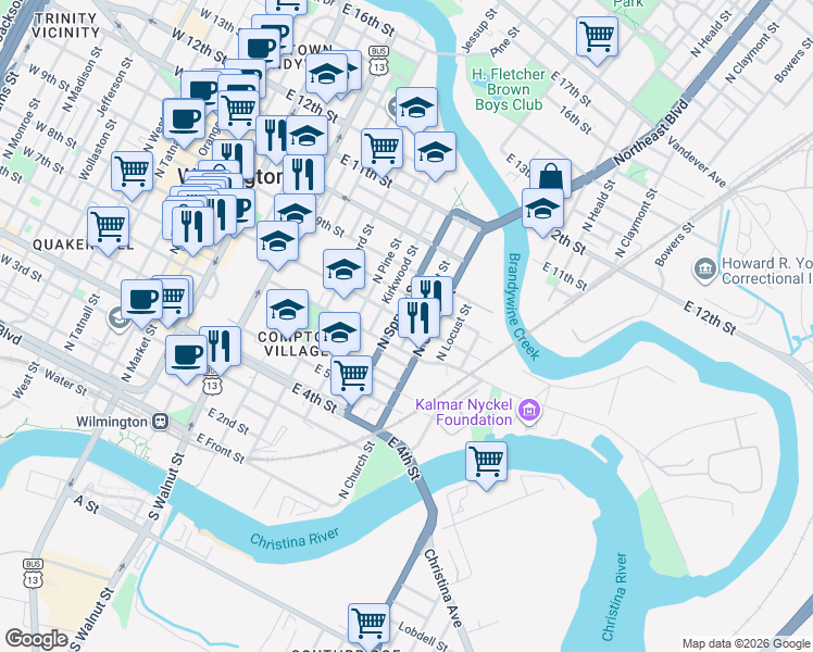 map of restaurants, bars, coffee shops, grocery stores, and more near 721 East 7th Street in Wilmington
