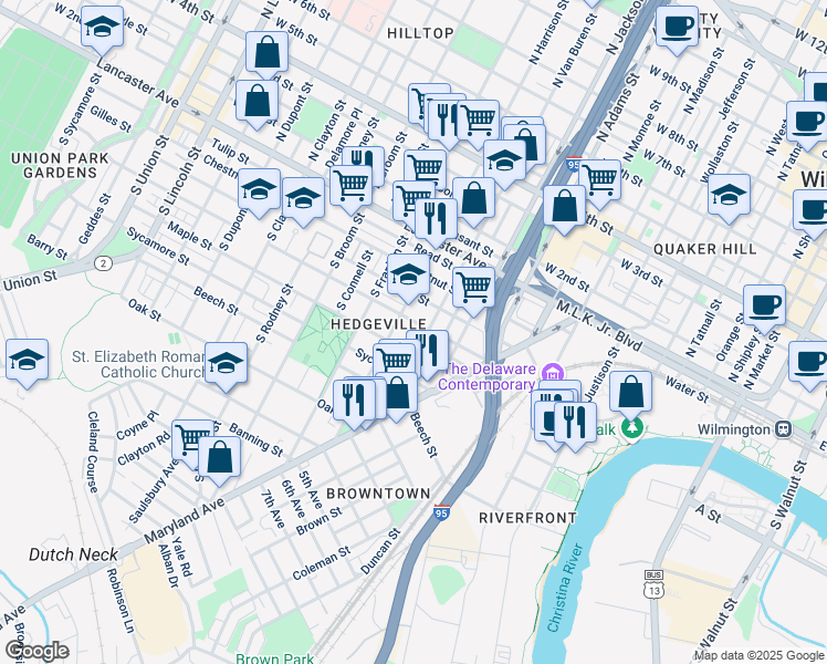 map of restaurants, bars, coffee shops, grocery stores, and more near 429 South Van Buren Street in Wilmington