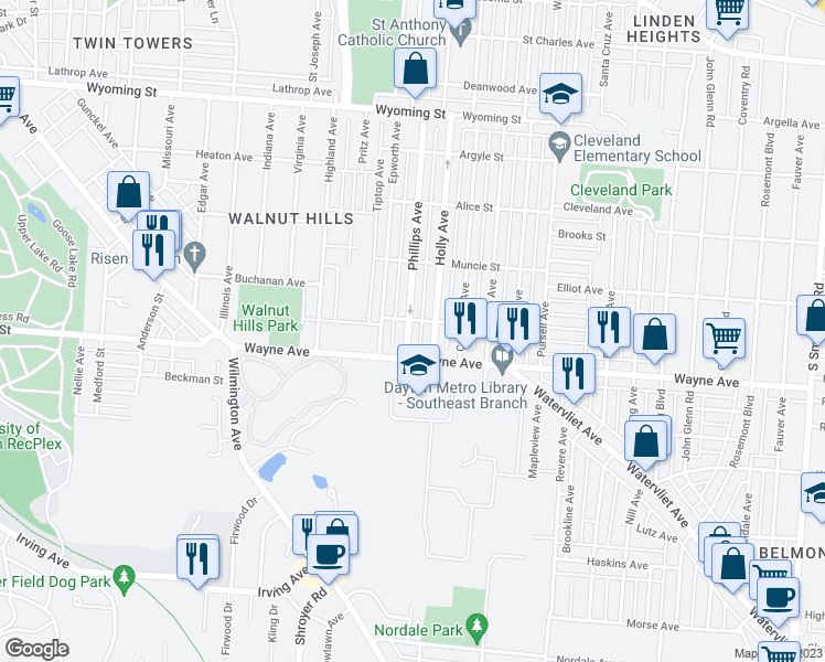 map of restaurants, bars, coffee shops, grocery stores, and more near 2600 Wayne Avenue in Dayton