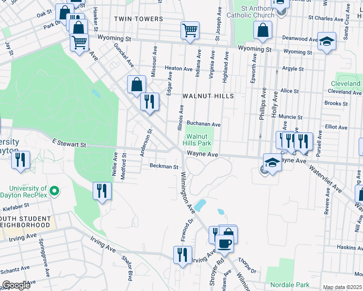 map of restaurants, bars, coffee shops, grocery stores, and more near 2233 Wayne Avenue in Dayton