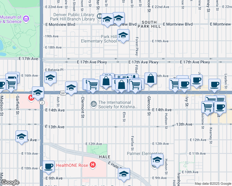 map of restaurants, bars, coffee shops, grocery stores, and more near East Colfax Avenue & Eudora Street in Denver