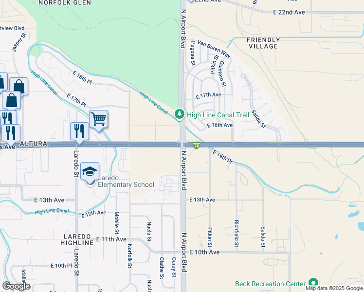 map of restaurants, bars, coffee shops, grocery stores, and more near E Colfax Ave & Airport Blvd in Aurora