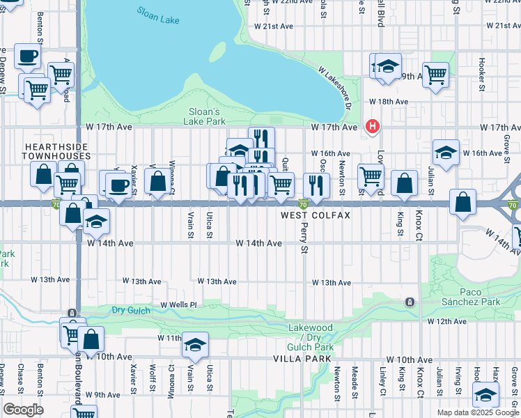 map of restaurants, bars, coffee shops, grocery stores, and more near 4200 West Colfax Avenue in Denver