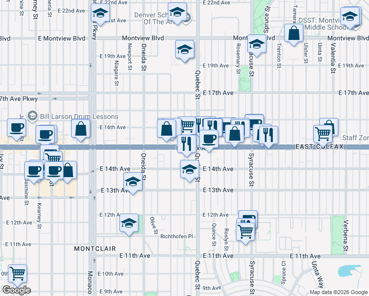 map of restaurants, bars, coffee shops, grocery stores, and more near E Colfax Ave & Poplar St in Denver