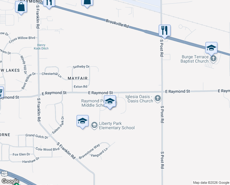 map of restaurants, bars, coffee shops, grocery stores, and more near 8647-8679 East Raymond Street in Indianapolis