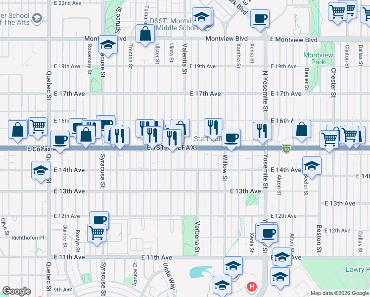 map of restaurants, bars, coffee shops, grocery stores, and more near E Colfax Ave & Valentia St in Denver