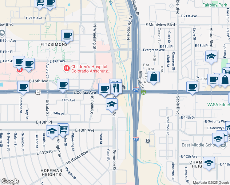 map of restaurants, bars, coffee shops, grocery stores, and more near East Colfax Avenue & Potomac Street in Aurora