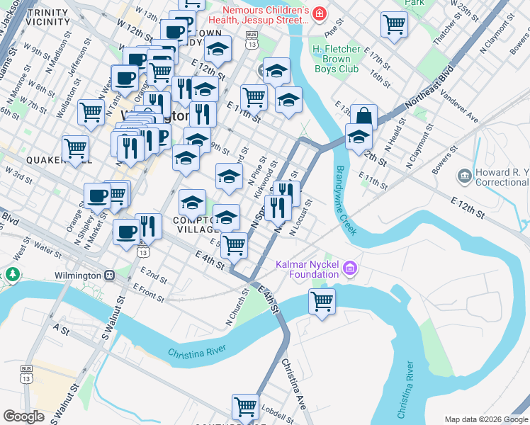 map of restaurants, bars, coffee shops, grocery stores, and more near 721 East 7th Street in Wilmington