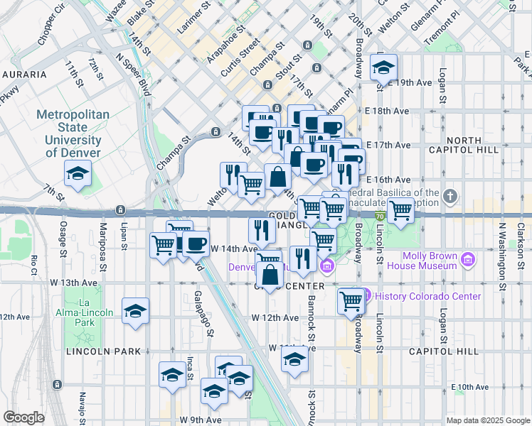 map of restaurants, bars, coffee shops, grocery stores, and more near W Colfax Ave & Delaware St in Denver