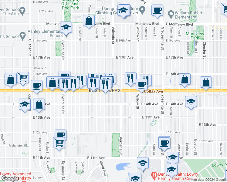 map of restaurants, bars, coffee shops, grocery stores, and more near in Denver