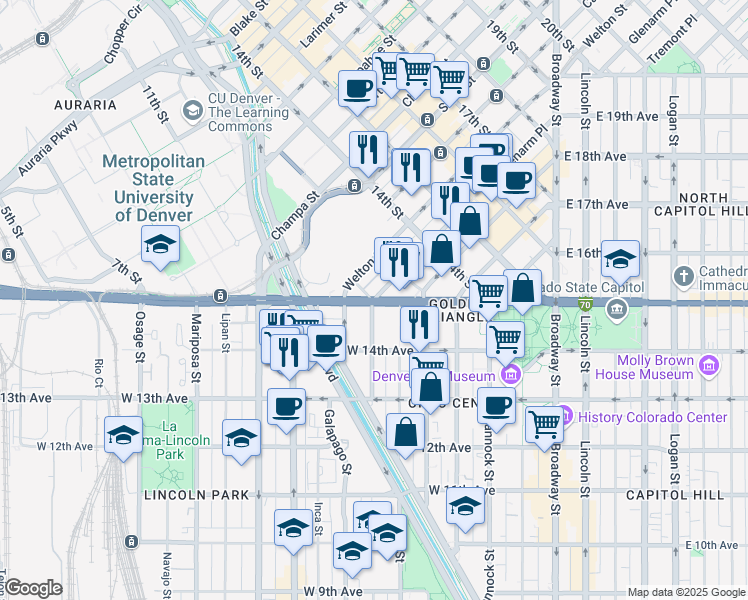 map of restaurants, bars, coffee shops, grocery stores, and more near Fox Street in Denver