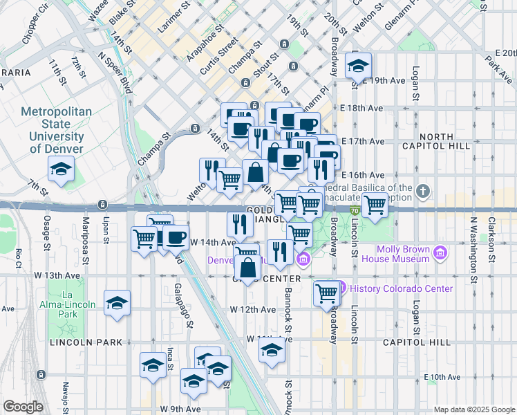 map of restaurants, bars, coffee shops, grocery stores, and more near 303 West Colfax Avenue in Denver