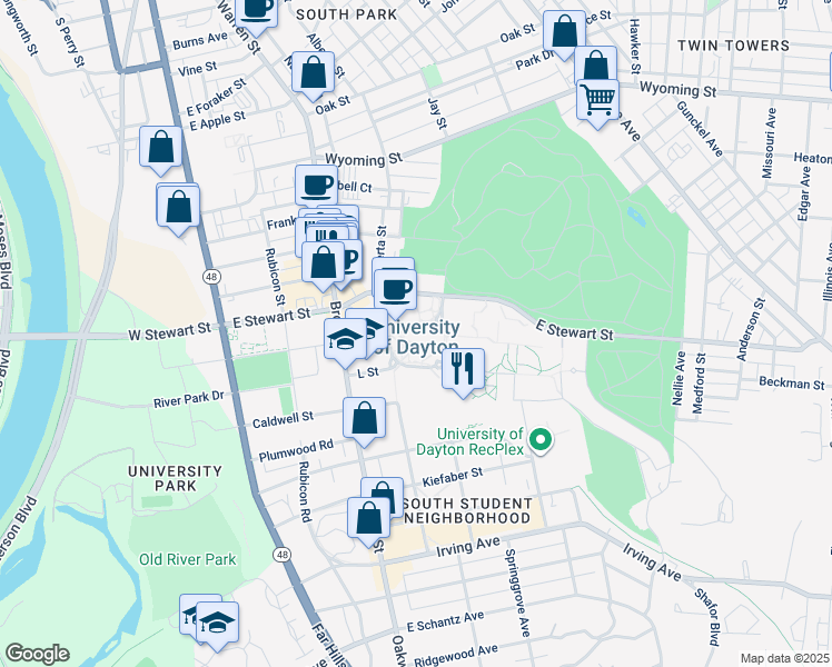 map of restaurants, bars, coffee shops, grocery stores, and more near 300 College Park in Dayton