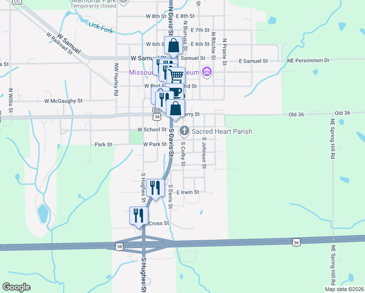 map of restaurants, bars, coffee shops, grocery stores, and more near 401 South Davis Street in Hamilton