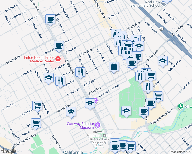 map of restaurants, bars, coffee shops, grocery stores, and more near 276 East 2nd Avenue in Chico