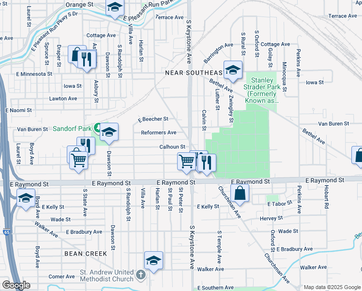 map of restaurants, bars, coffee shops, grocery stores, and more near 2313 Calhoun Street in Indianapolis