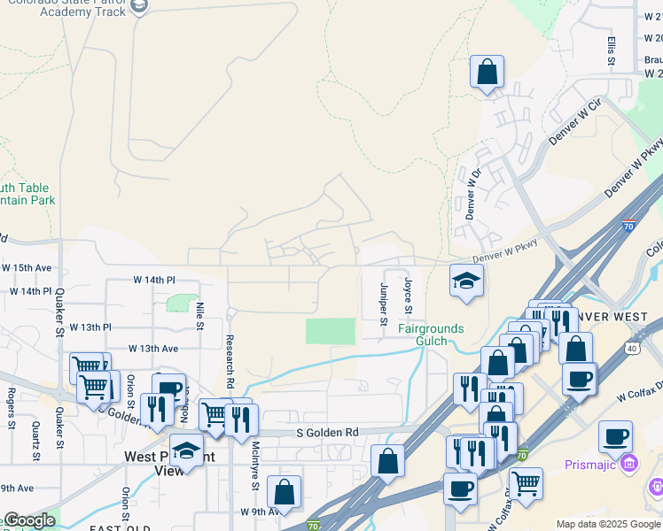 map of restaurants, bars, coffee shops, grocery stores, and more near 15305 Denver West Parkway in Golden