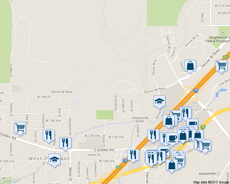 map of restaurants, bars, coffee shops, grocery stores, and more near 15305 Denver West Parkway in Golden