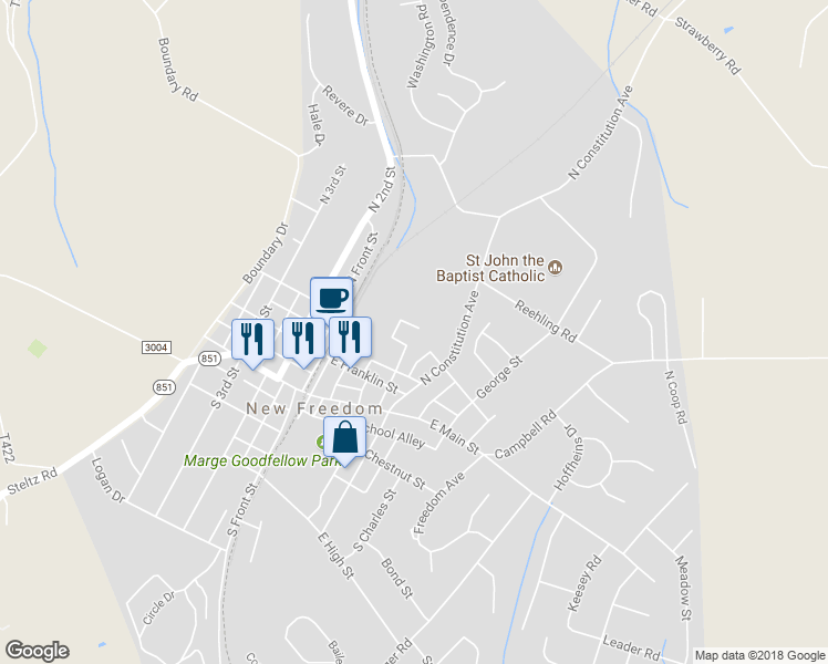 map of restaurants, bars, coffee shops, grocery stores, and more near 140 Springwood Drive in New Freedom