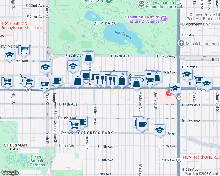 map of restaurants, bars, coffee shops, grocery stores, and more near E Colfax Ave & St Paul St in Denver