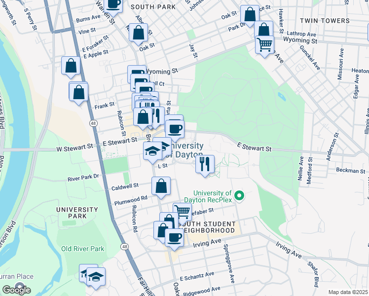 map of restaurants, bars, coffee shops, grocery stores, and more near 300 College Park in Dayton