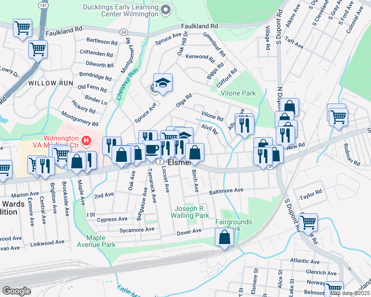 map of restaurants, bars, coffee shops, grocery stores, and more near 912 New Road in Elsmere