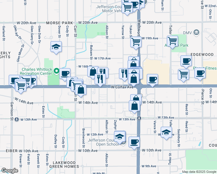 map of restaurants, bars, coffee shops, grocery stores, and more near 7980 West Colfax Avenue in Lakewood
