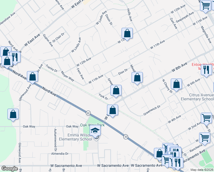 map of restaurants, bars, coffee shops, grocery stores, and more near 1017 Windsor Way in Chico