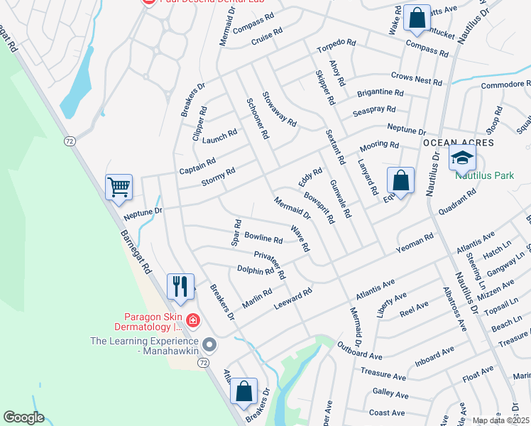 map of restaurants, bars, coffee shops, grocery stores, and more near 205 Wave Road in Stafford Township