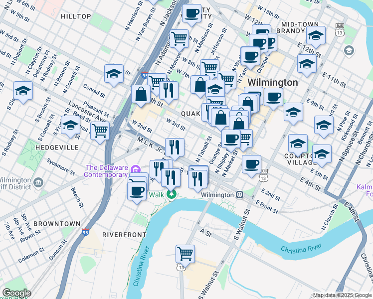 map of restaurants, bars, coffee shops, grocery stores, and more near 400 Martin Luther King Jr. Boulevard in Wilmington