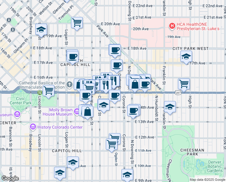 map of restaurants, bars, coffee shops, grocery stores, and more near 1440 Emerson Street in Denver