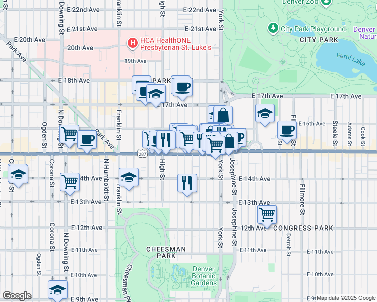 map of restaurants, bars, coffee shops, grocery stores, and more near 1515 Vine Street in Denver